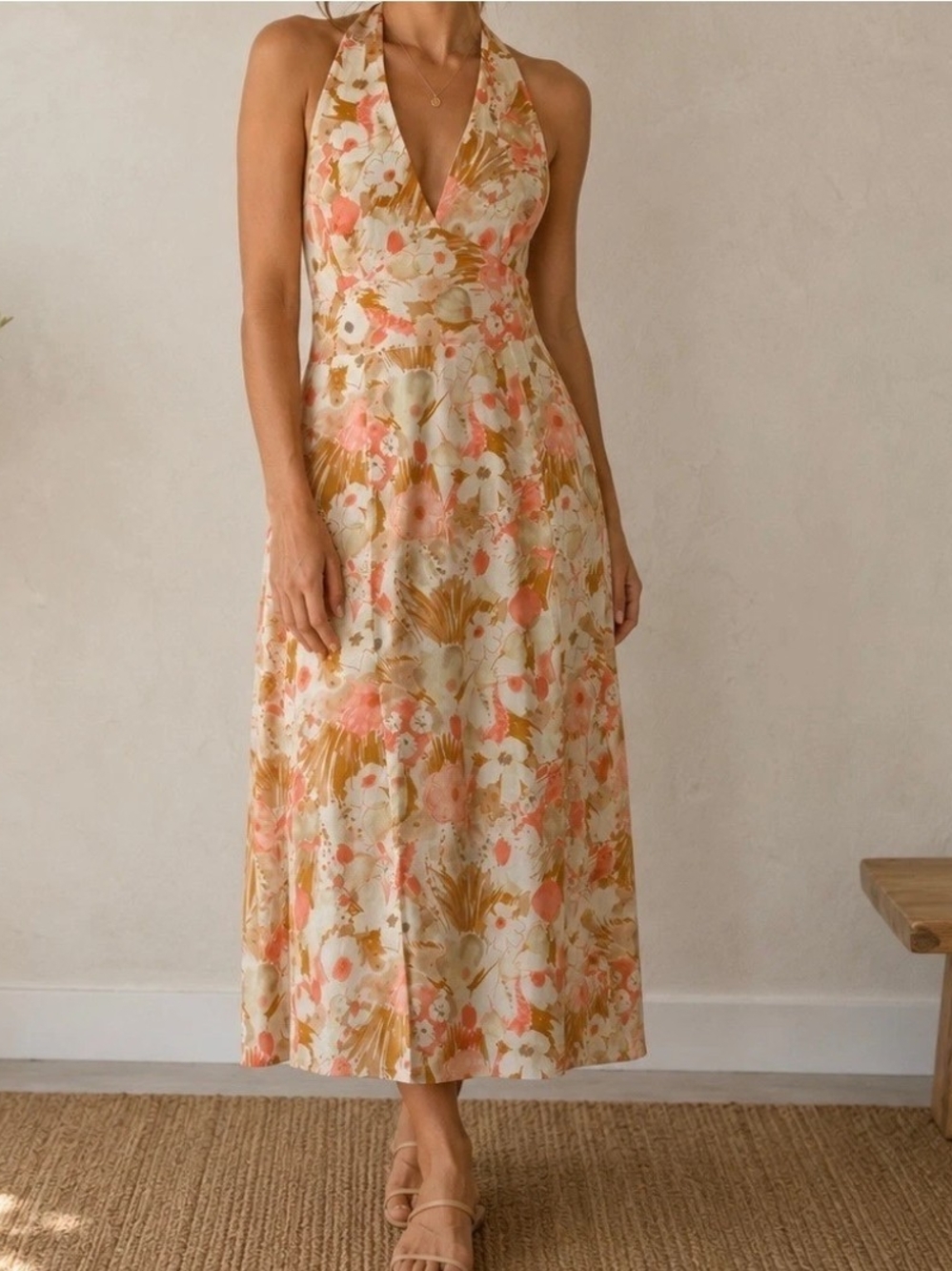 Laundry By Shelli Segal Coral and Cream Floral Halter Midi Dress